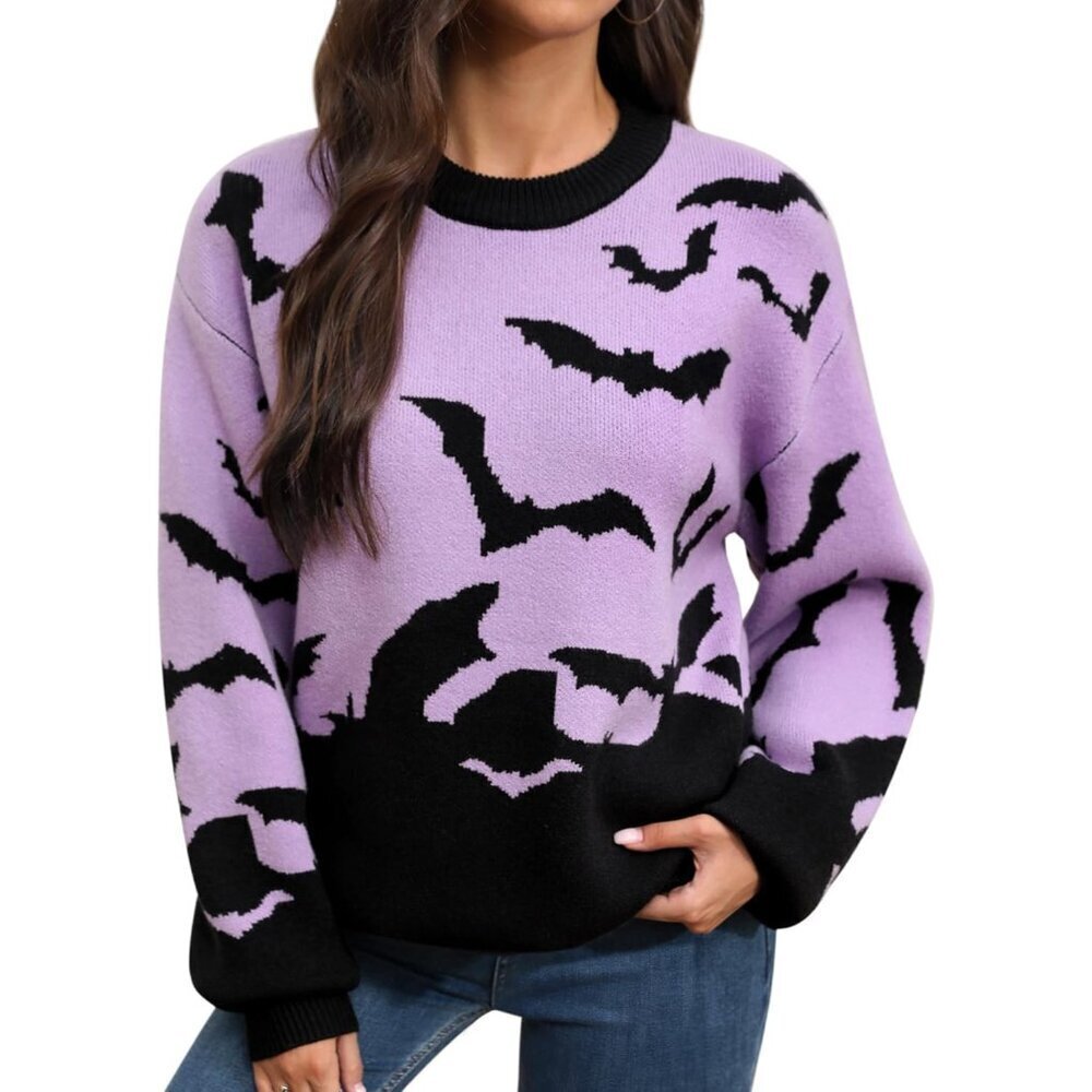 Women's Halloween Lantern Sleeve Knit Sweater Loose Fit Casual Cozy